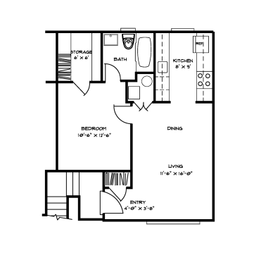 Floor plan for 1 bed, 1 bath, 619 sqft